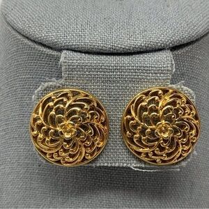 Gold Tone Circle Dome Floral Swirl Large Stud Earrings